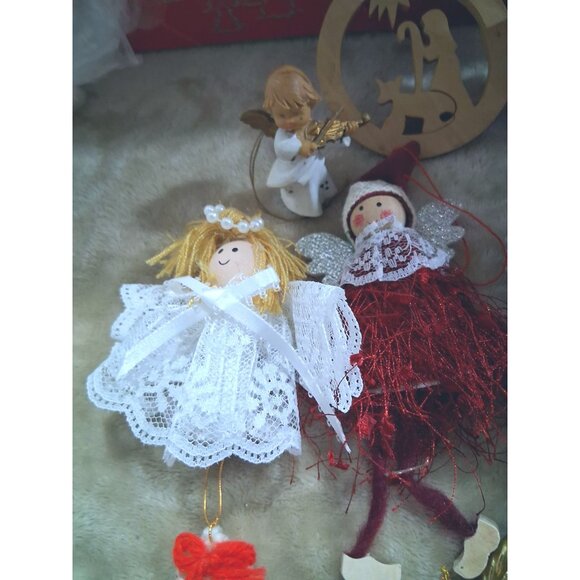 Vintage Christmas Ornament Set Includes Lace Fan Angel Figurines Red Cross Star - Picture 6 of 11
